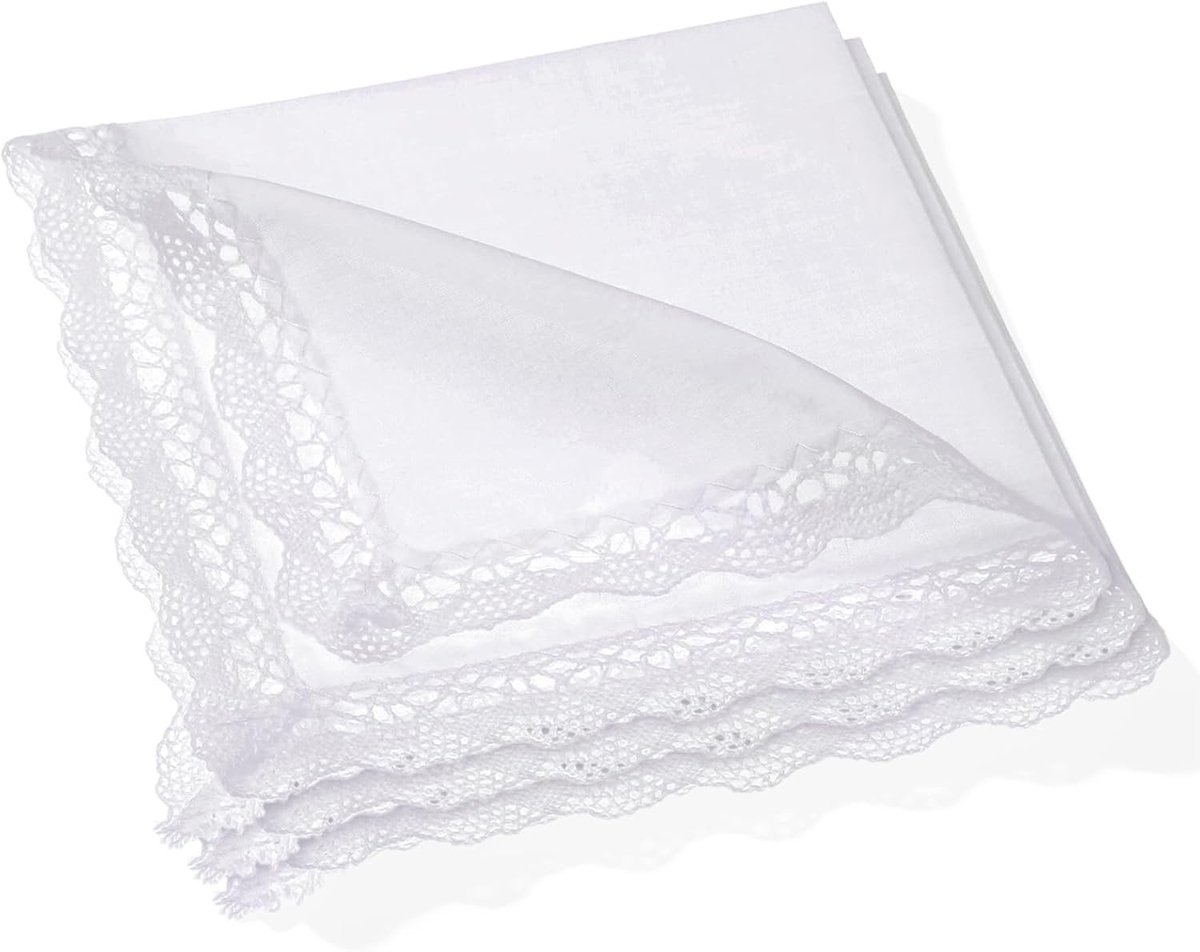 3-delige Stoffen Zakdoek Set voor Vrouwen met Witte Kant - Vintage Pocket Square voor Bruiloft en Feest (32cm)