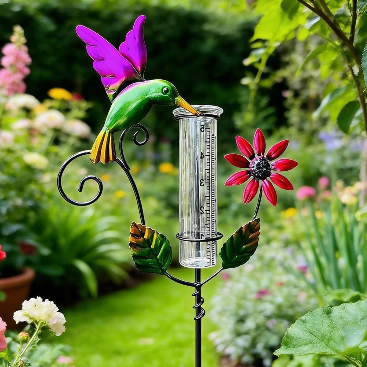 Regenmeter Tuin - Neerslagmeter Vlinder - Tuinieren Meten - Met Grondpen - 21 x 5.5 x 69 cm - Groen