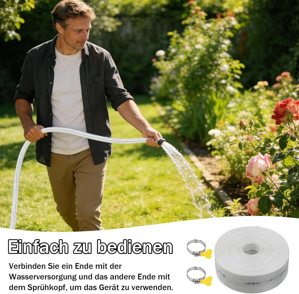 Duurzame 20 meter lange platte tuinslang van stof met een diameter van 25 mm, ideaal voor irrigatie en dompelpompen, inclusief 2 slangklemmen – foto 3