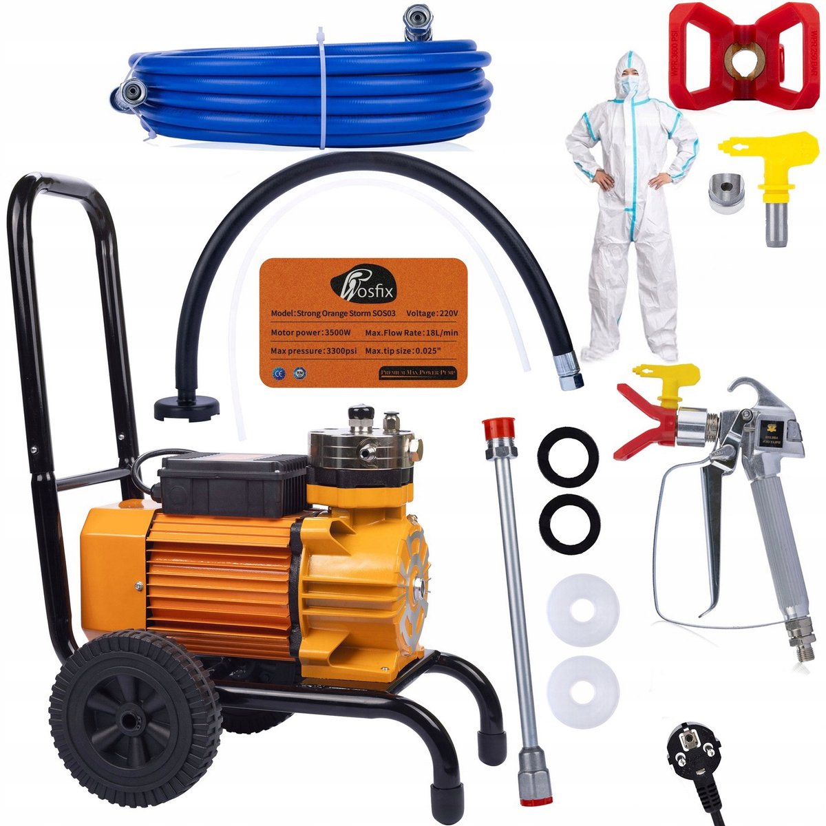 Rosfix Airless Verfspuit Set Strong Storm SOS03 - 3500W Borstelloze Motor - 22MPa, 18L/min, 8m Slang