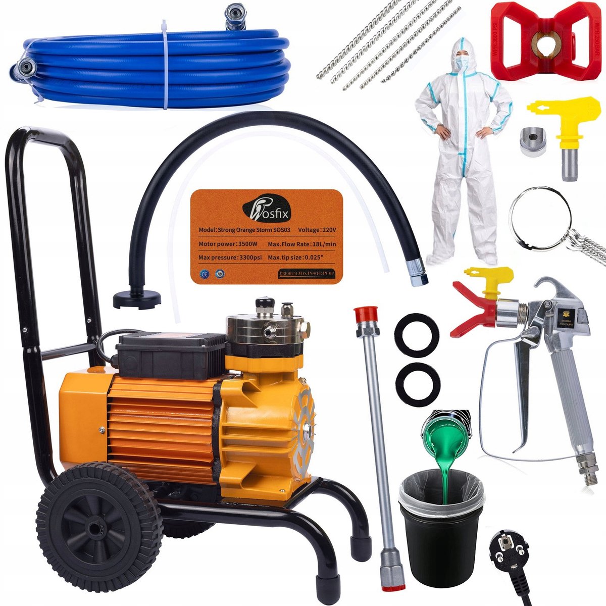 Rosfix Airless Verfspuit Strong Storm SOS03 - 3500W Borstelloze Motor - 18L/min, 22MPa, RVS304 Pomp