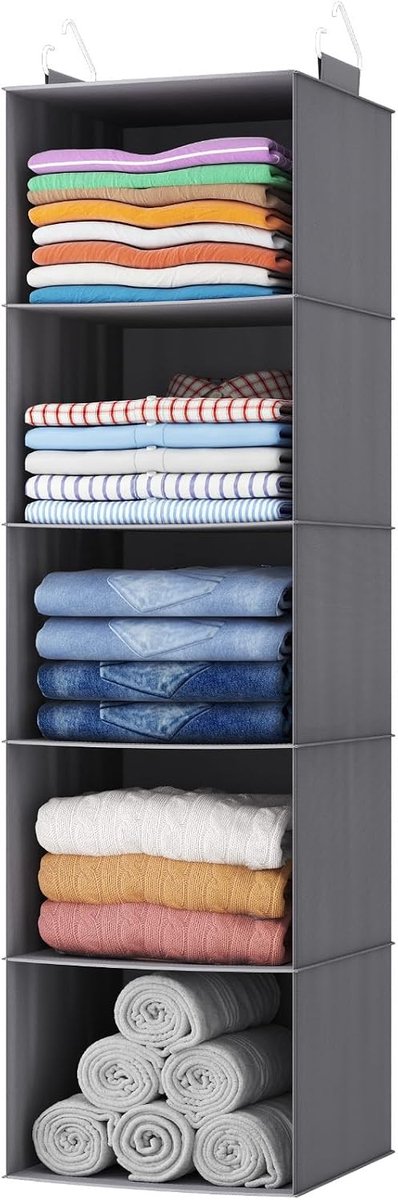 Campingkast - Grijs - Hangende Organizer met 5 Planken en 2 Sterke Haken - Opvouwbaar Opbergrek voor Kast