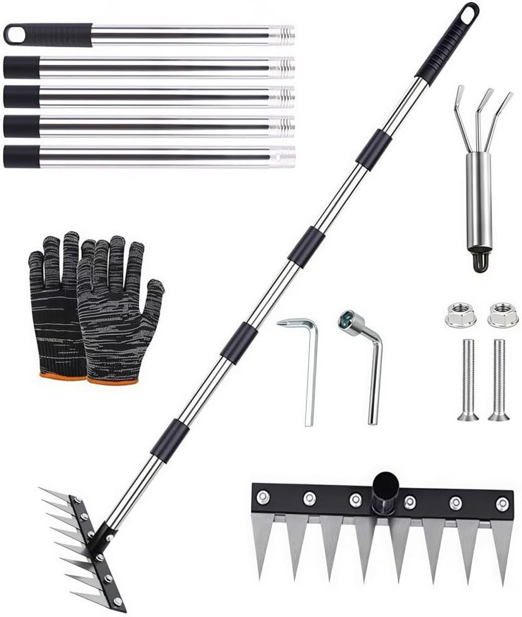 Gazonrakel - RVS - 185 cm - Met 8 Tanden en Verstelbare Steel - Voor Tuinonderhoud