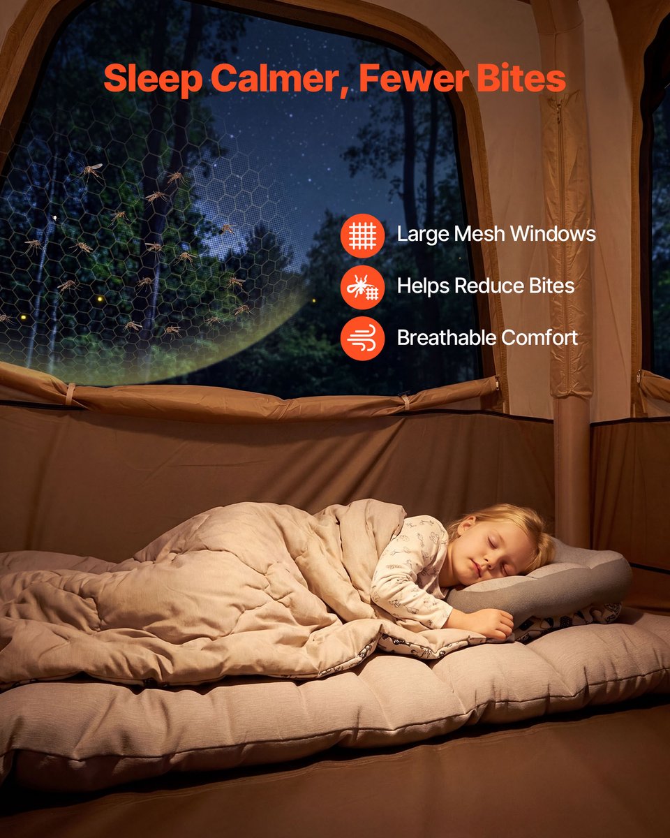 VEVOR 4-Persoons Campingtent, Opblaasbare Familietent met Oplaadbare Pomp, Tpu-Luchtslang en 5 Gaasramen, Cabinetent met Draagtas voor Gezinskamperen en Wandelen, Beige — cadeau in Cadeau-ideeën - foto 7