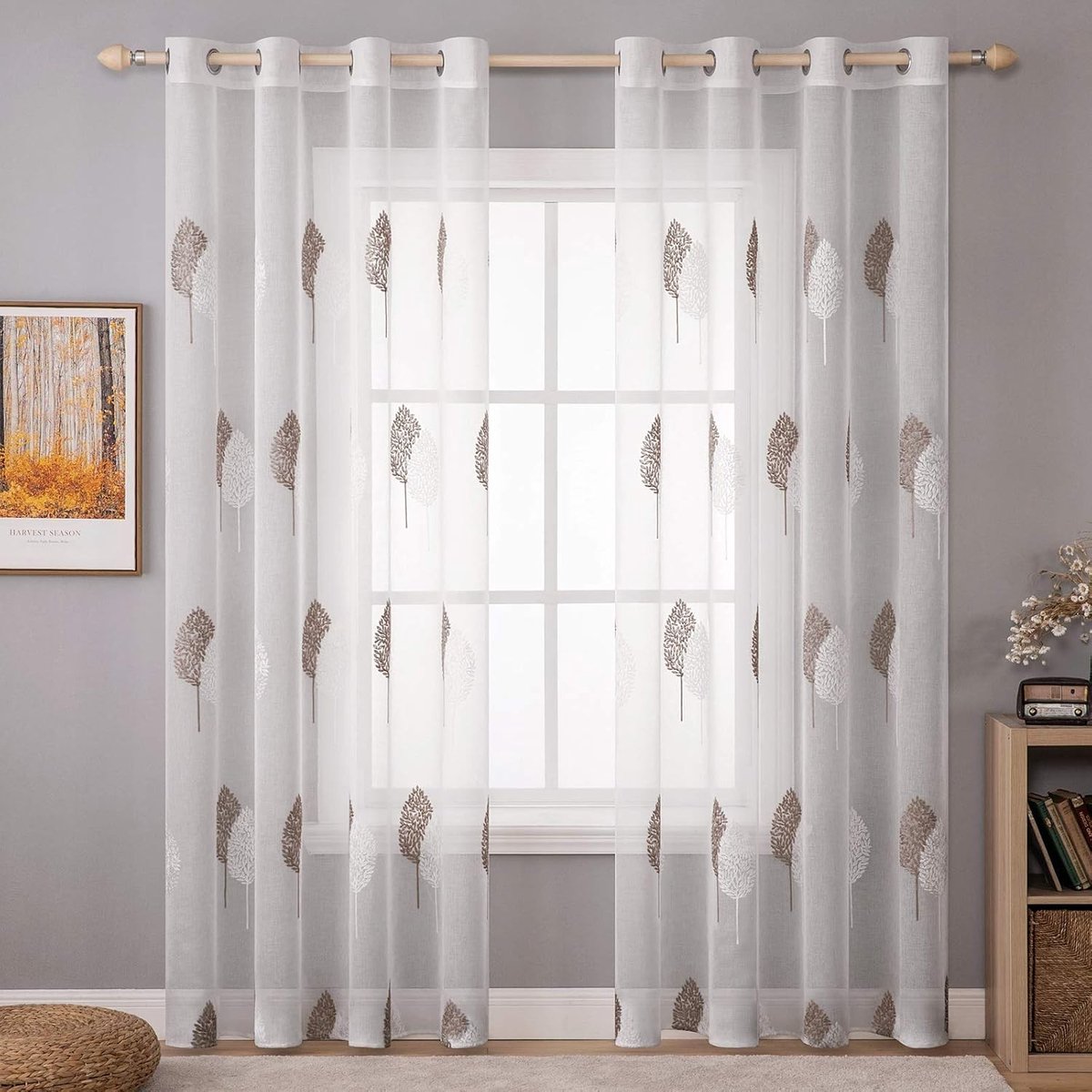 Gestreepte paneelgordijnen - Wit - 140 x 215 cm - Transparante Gordijnen met Bladerenborduurwerk - Voor Woonkamer en Slaapkamer