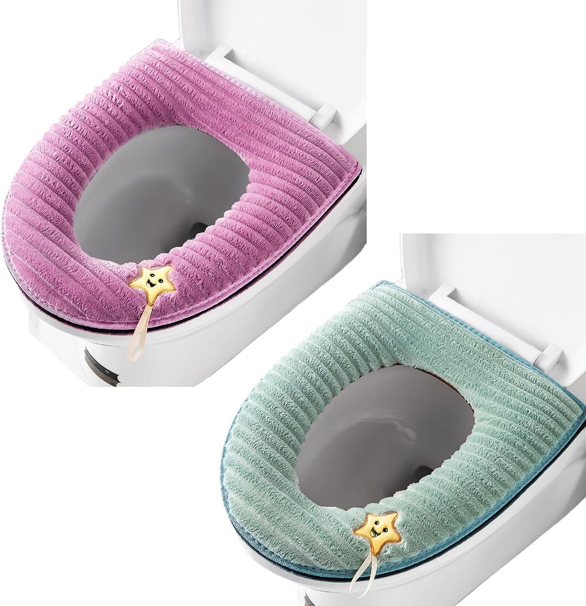Zachte en Dikke Toiletbril Covers met Handvatten - Wasbare Set van 2 voor Ovalen Toiletten (Roze en Groen)