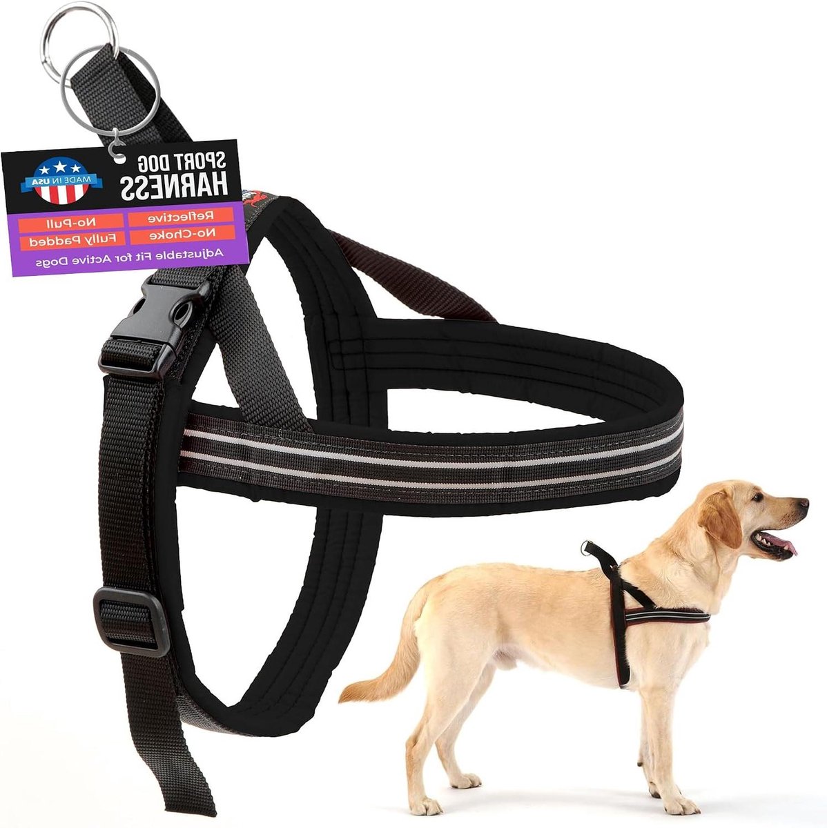 Honden Sportharnas - Veiligheidsharnas Hond - Actieve Honden - Volledig Gewatteerd - Maat L - Zwart