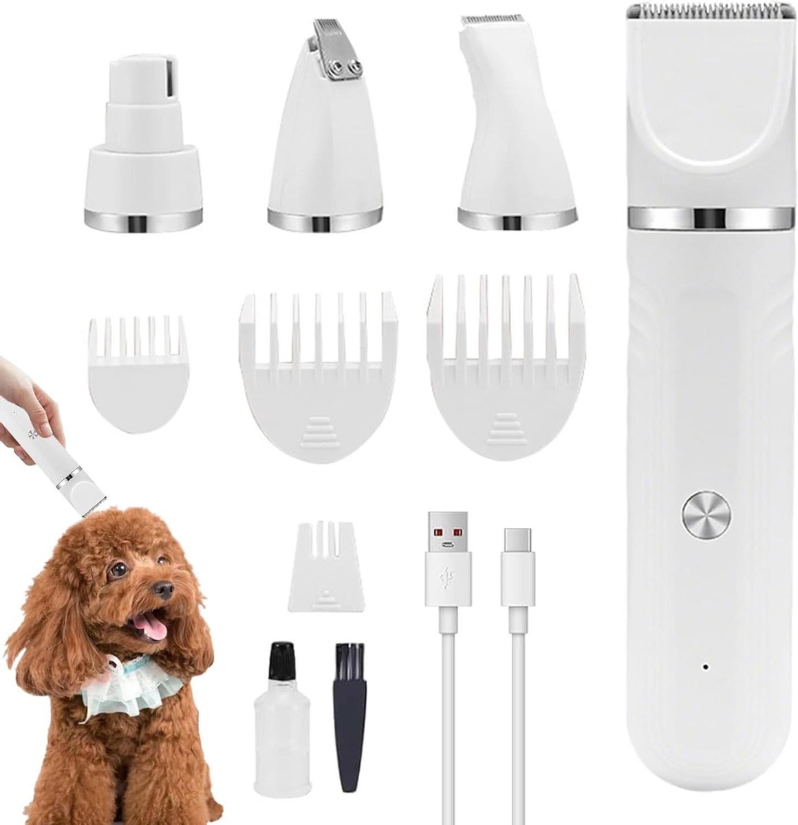 Hondentondeuse Verzorgingsset - Huisdier Trimmer - Vachtonderhoud Thuis - 4-in-1 Functies - 15 cm Lengte - Wit
