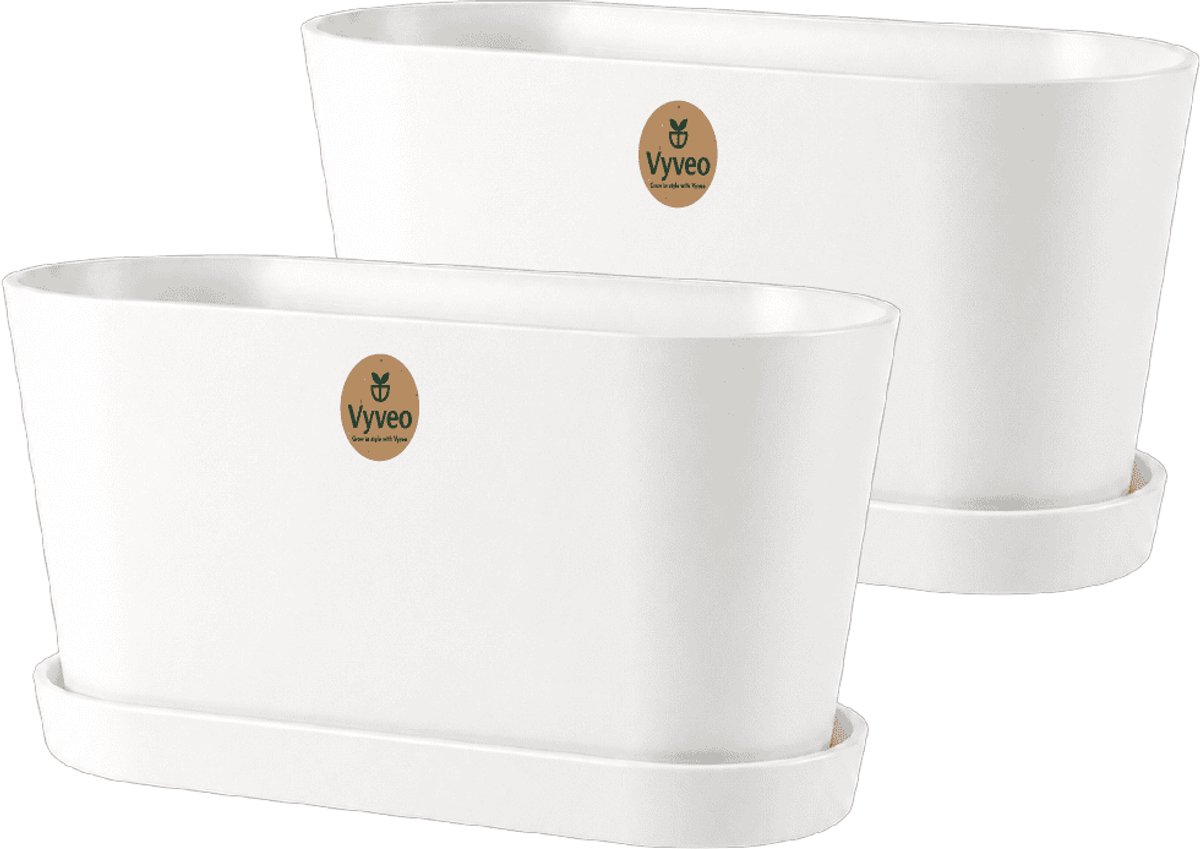 Vyveo - Bloempot Varda met onderzetter - Set van 2 - 32x13x14 - Wit - Bloempot voor binnen en buiten - Lichtgewicht - Breukbestendig - Vorstbestendig - UV-bestendig