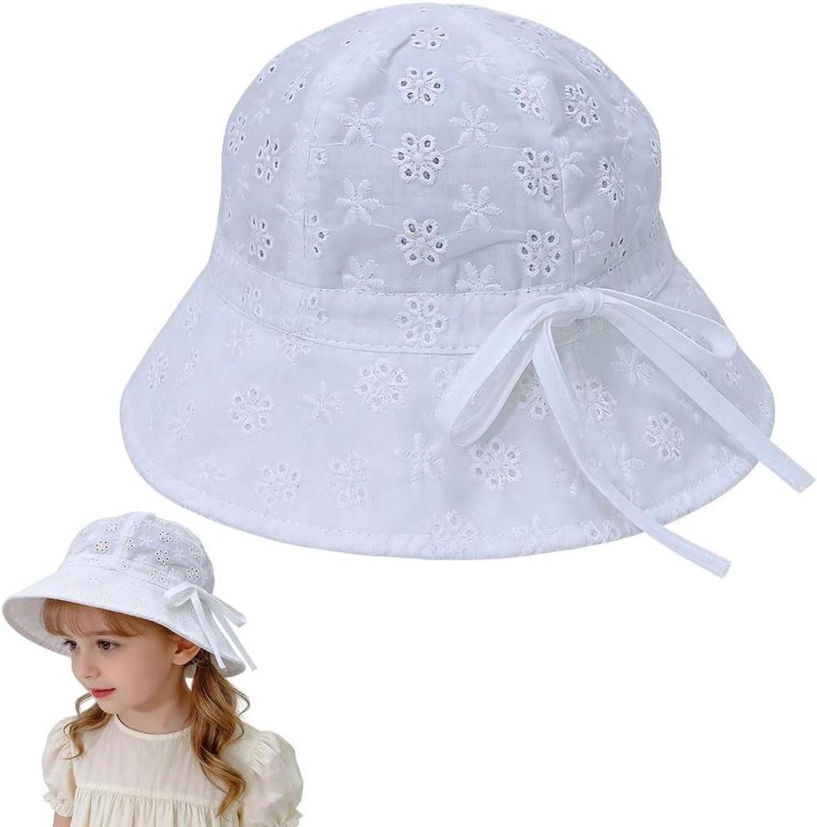 Zomerhoed Kinderen - Baby Vissershoed - Bescherming Tegen Zon - Verstelbaar Met Veters - 48 cm - Zwart Wit