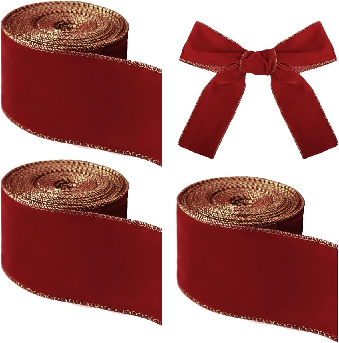 3 Rollen 6.3cm x 6m Kerst Velourslint in Wijnrood met Gouden Rand voor Cadeauverpakking, DIY Creaties en Winterdecoratie