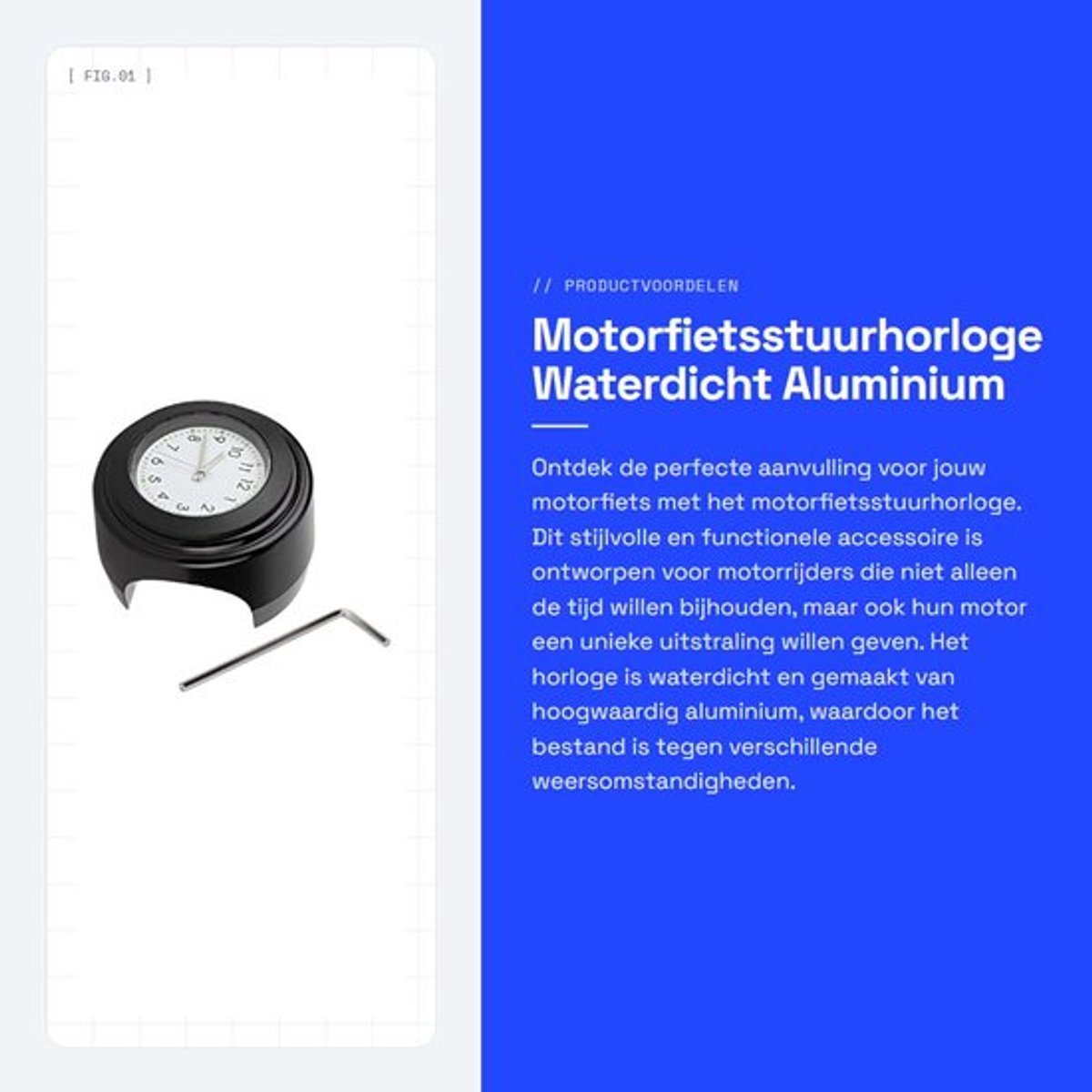 Motorfietsstuurhorloge Waterdicht - Kwartshorloge - Aluminium - Accessoires - 7/8 Inch Montage - Zwart/Wit Wijzerplaat - Motorhorloge