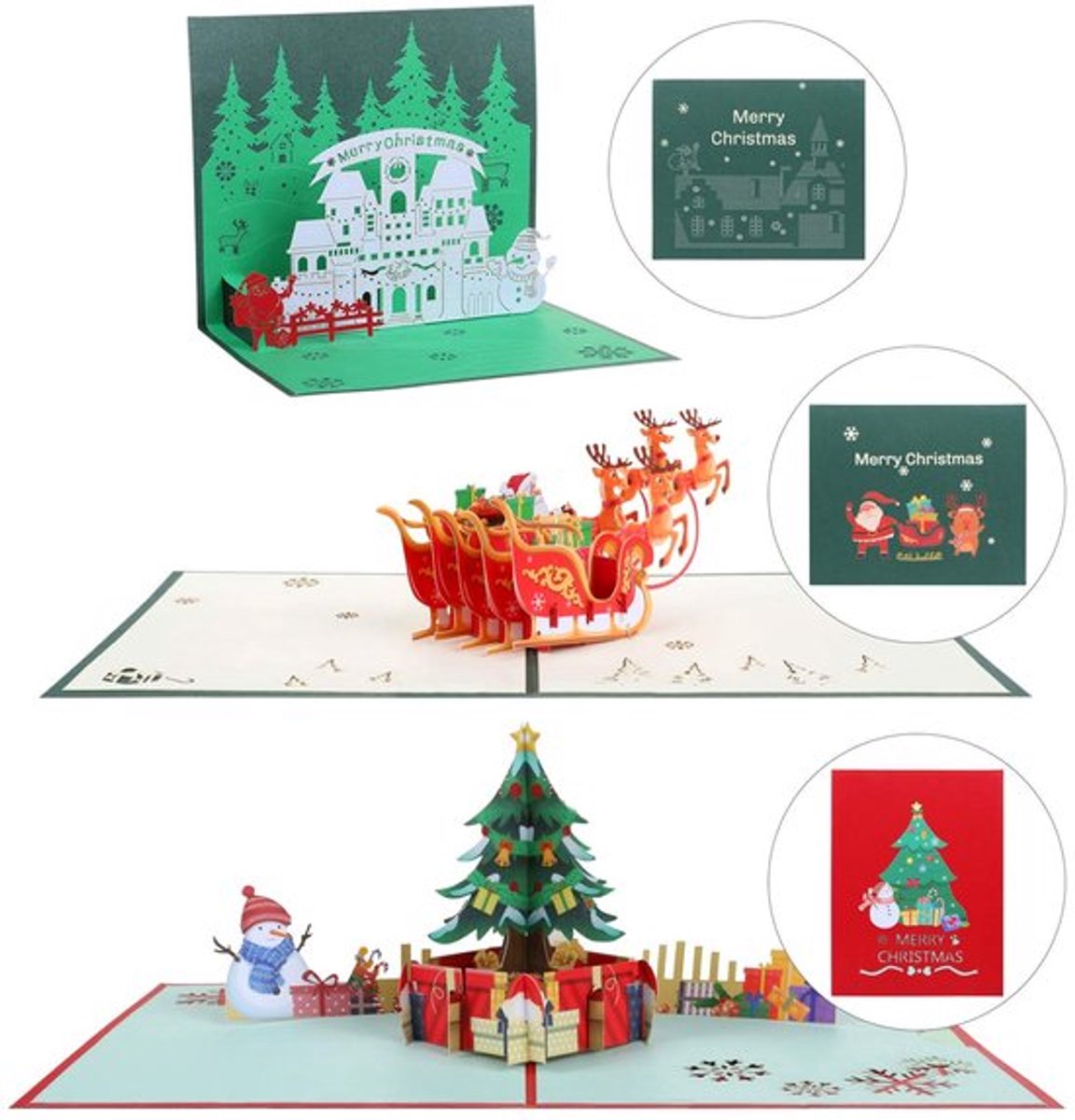 Kerstkaart Set van 3 - Pop-upkaart 3D - Kerstboom/Kerstman/Huis - Inclusief Enveloppen - Hoogte circa 10 cm - 300 g/m² Papier - Wenskaart