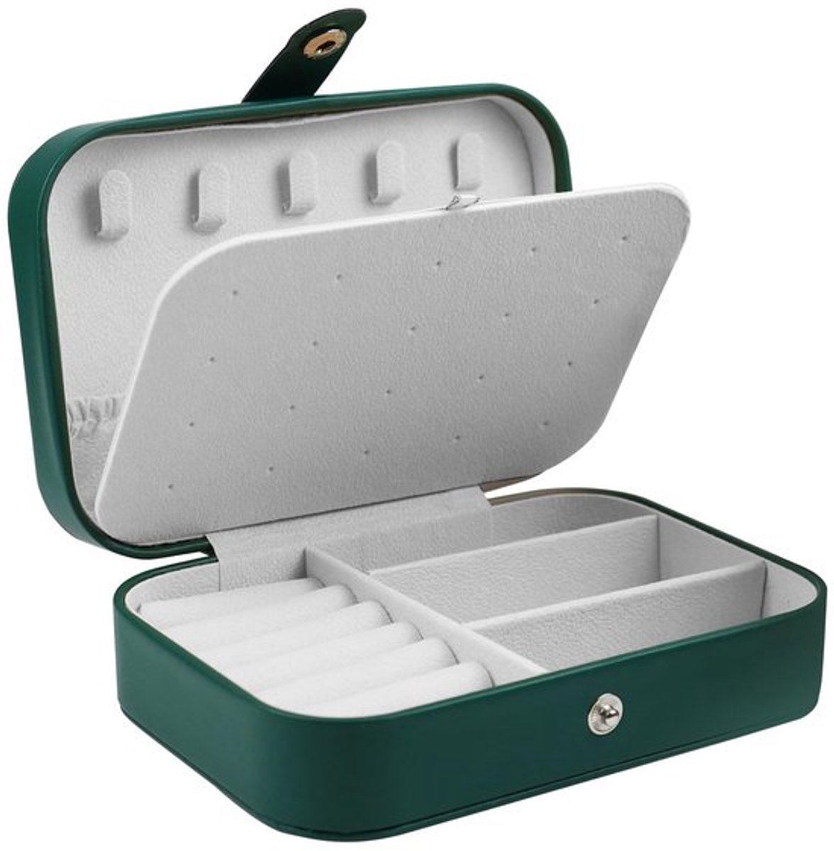 Sieradendoosje voor op reis, stijlvol, klein, draagbaar, sieradendoos met knoop, leren sieradenorganizer voor oorbellen, halsketting, ring, broche (groen)