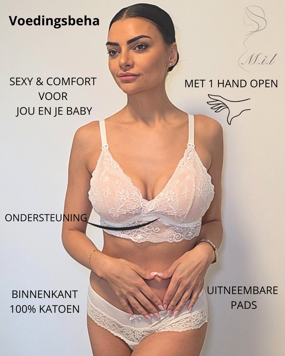 Mama I like (M.I.L) MIL voedingsbeha - Bralette - wit - nude - Mama I Like - kant - sexy - trendy - uniek - comfortabel - katoen - praktisch - clip openen - hip - modern - mooi - voedingsbh - voedingsbh - maat L/XL = cupmaat E+