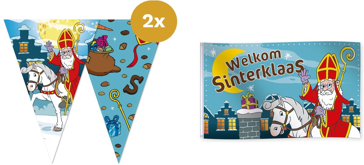 Sinterklaas Versiering Gevelpakket Klein - 2x Vlaggenlijn 10m & Gevelvlag 150x90cm - Straat & Gevel Decoratie