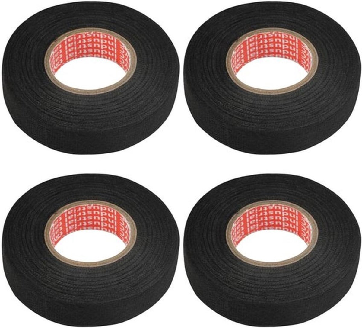 WHC 4 stuks autoweefseltape, zwart, 19 mm x 12 m, kabelboomplakband, hittebestendig, textielband, isolatietape, zwart, zelfklevende doek, textielband, autokabelboom, viltband, voor kabelbundels,