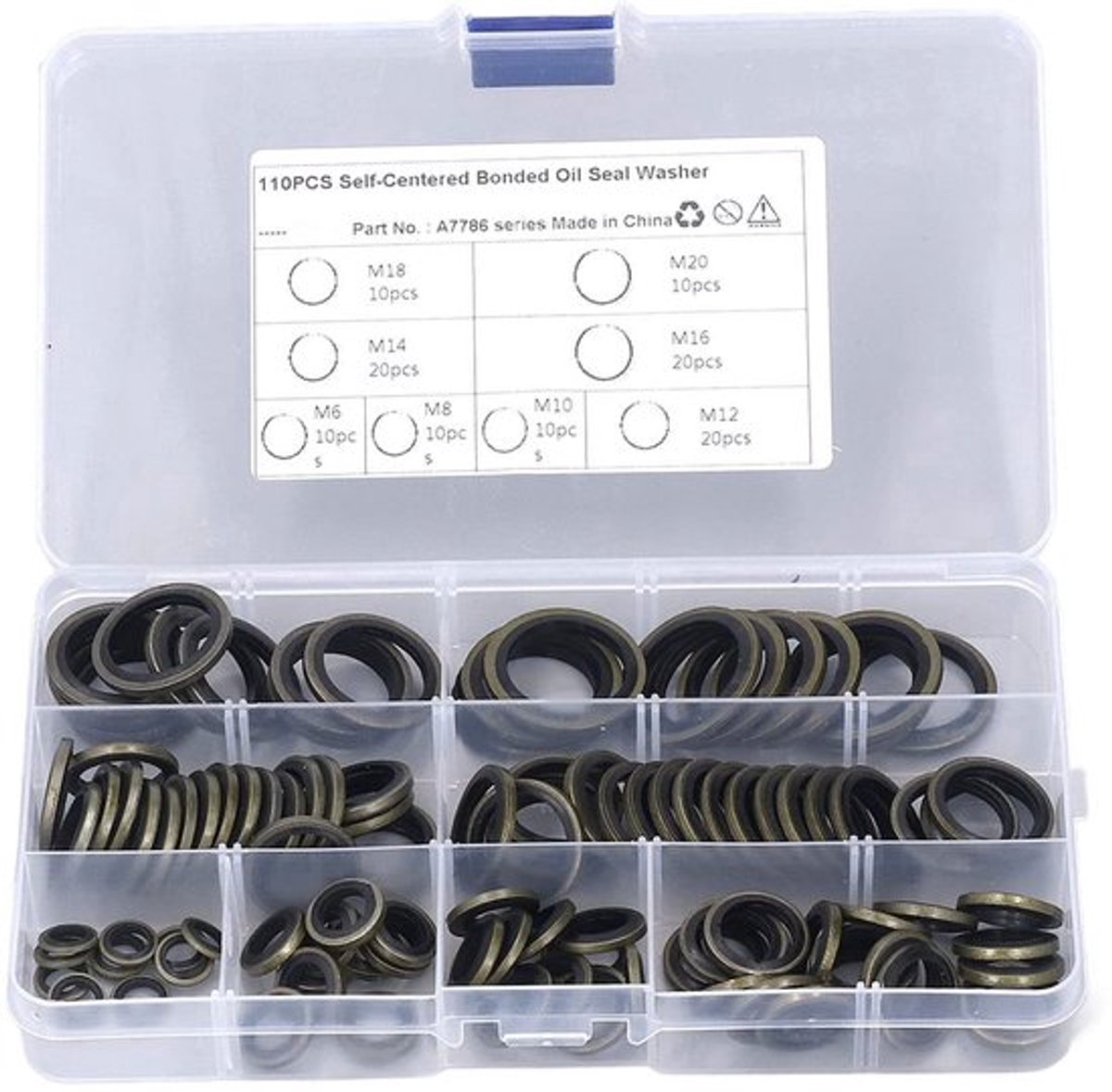 Olieafdichtring Set - 110 Stuks - 8 Specificaties M6/M8/M10/M12/M14/M16/M18/M20 - Rubber/Metaal - Oliebestendig - Opbergdoos - Afdichtingsring