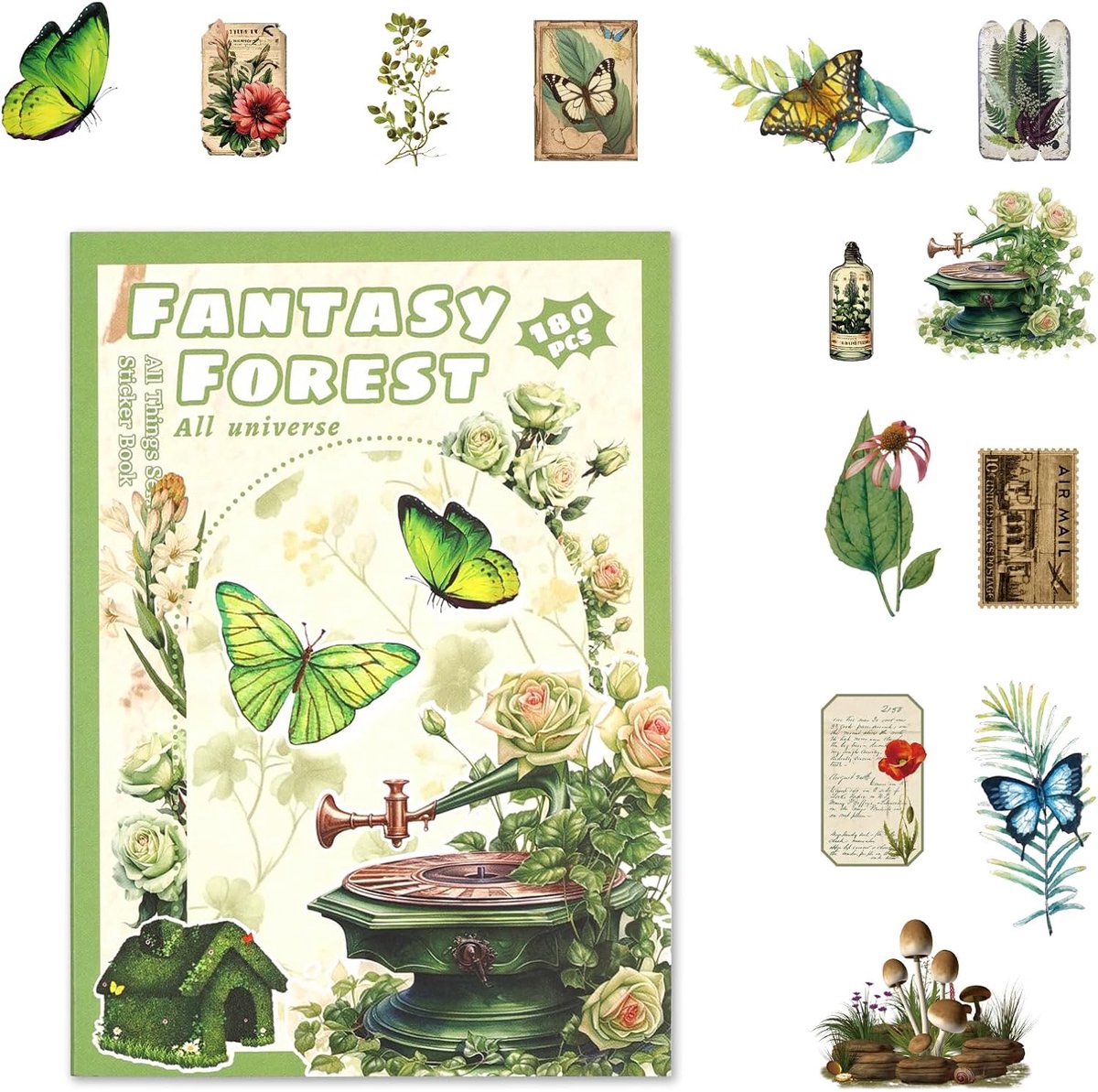 Groen Fantasiebos Scrapbook Stickers – 20 Vellen met 180 Vooraf Gesneden Stickers – PET Transparant en Papier – Leesthema met Bloemen, Bladeren, Gras en Dieren – DIY Decoratie voor Journaling en Cadeaus