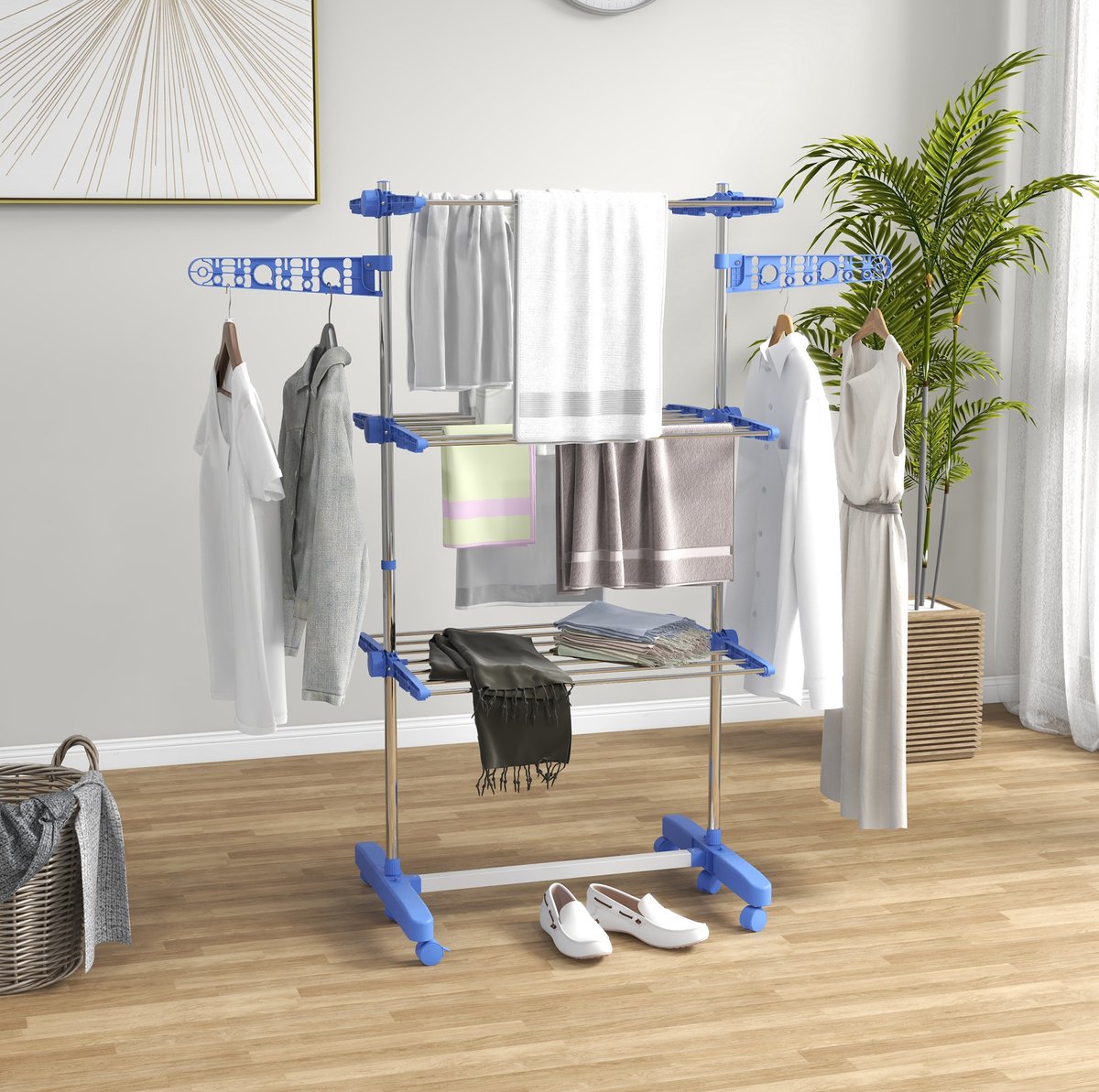 MIVRAY Droogtoren – Inklapbaar En Met 6 Wielen – 142 x 80 x 152 cm – Staal – Blauw – Voor Binnengebruik Met Verstelbare Zijstangen