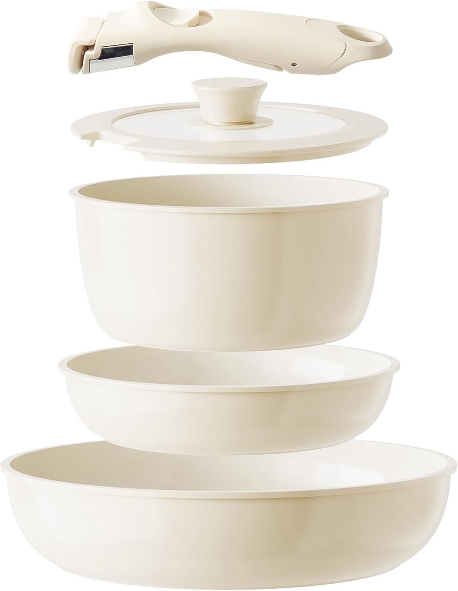 Inductie pannenset - Beige - 5-delig - Keramische coating met afneembare handgreep - Voor ruimtebesparend koken