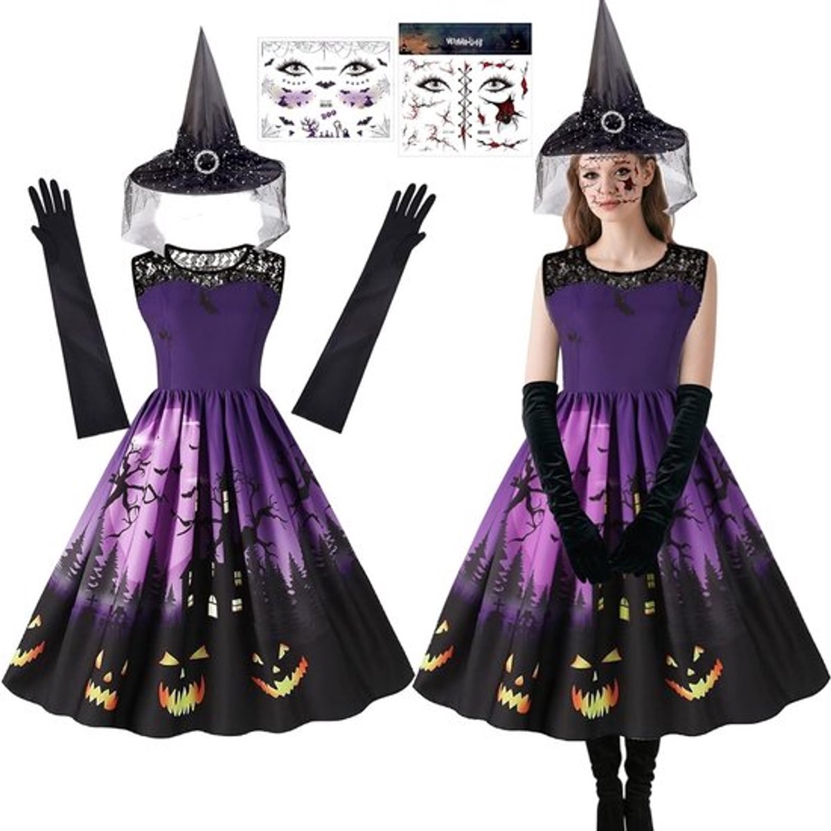 Vrouwelijk heksen kostuum met 5 delen voor Halloween, carnaval en themafeesten inclusief hoed, handschoenen en jurk