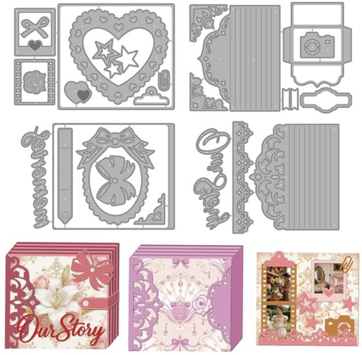 Stanssjablonen Koolstofstaal - 3D-Fotoalbum - Decoratieve Strik - Kanten Randen - Nostalgische Aandenken - Afmetingen 156 x 104 mm - Snijmatrijzen