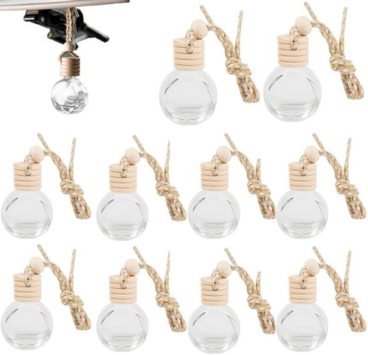 Auto-parfumfles Leeg - 10 Stuks - Navulbaar - Houten Diffuser - Robuust Materiaal - Transparant Glasontwerp - Luchtverfrisser