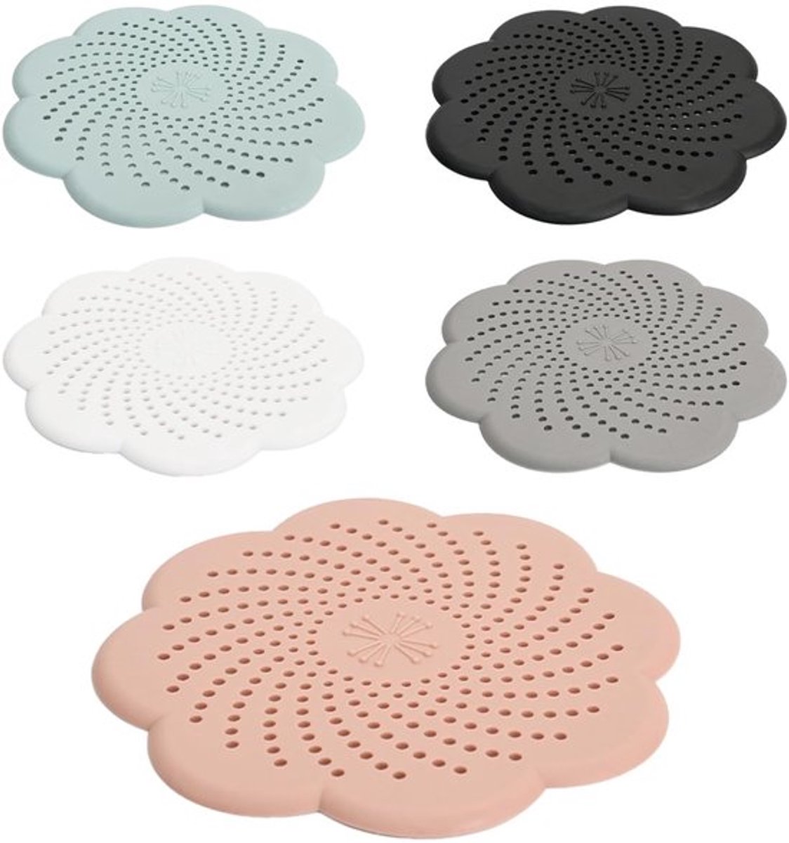 Set van 5 siliconen doucheafvoerfilters, haarfilters voor douche, wastafelstoppen voor de keuken, universeel, anti-verstopping, zwart, grijs, wit, roze, lichtblauw