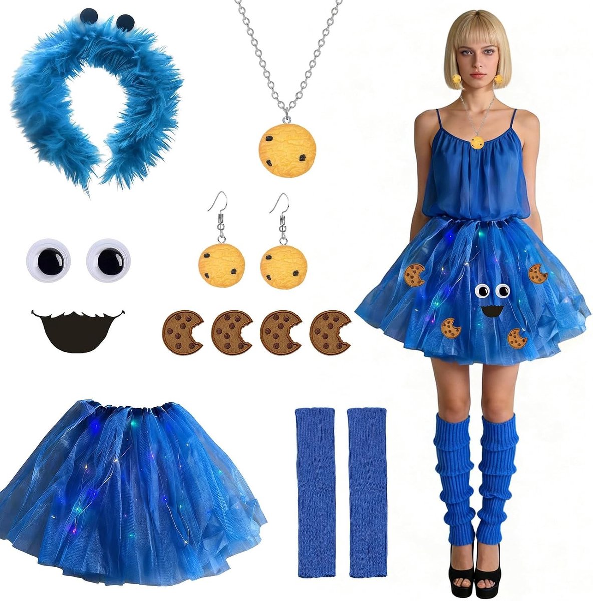 Vrouwelijk Kostuum met Cookie Monster Hoofdband, Cookie Ketting en Lichtblauwe Tulle Rok voor Carnaval, Themafeesten en Showoptredens