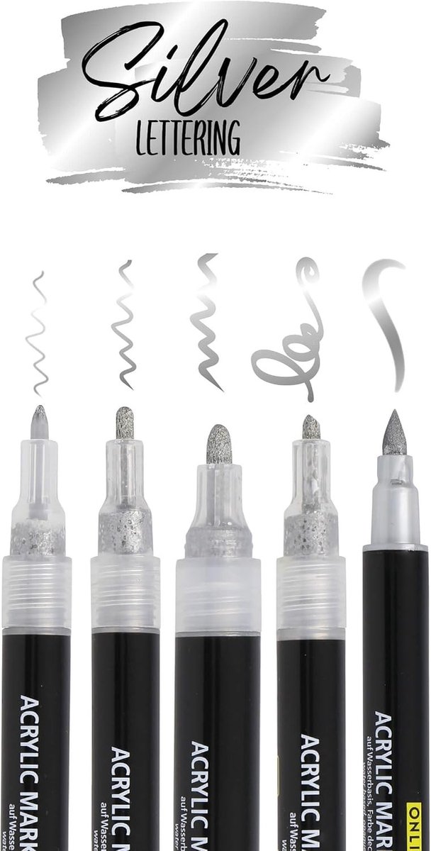 Set van 5 Acrylstiften - Zilver - Diverse Puntgroottes - Sterk Dekkende Handlettering Set - Voor Creatieve Projecten