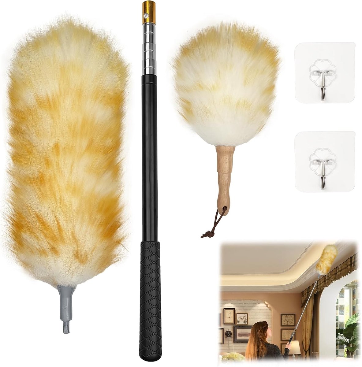 Set van 2 Lambswool wedels met telescopische steel tot 185 cm, wasbaar - ideaal voor stofvrij reinigen van plafonds en kwetsbare oppervlakken
