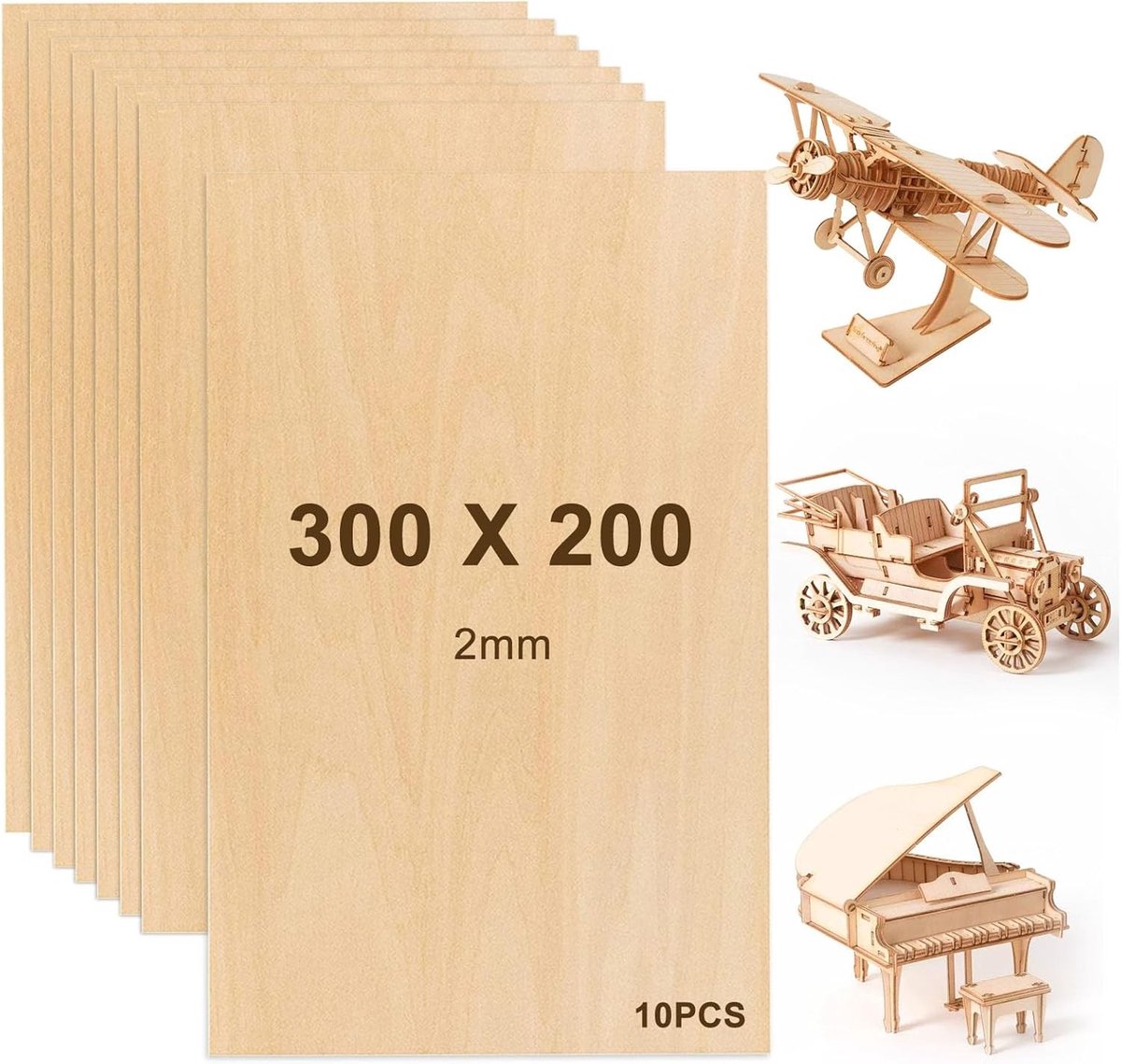 Set van 10 Balsa Houtpanelen voor Creatieve Projecten, 30 x 20 cm, 2 mm Dikte, Ideaal voor Houtbewerking en Modelbouw