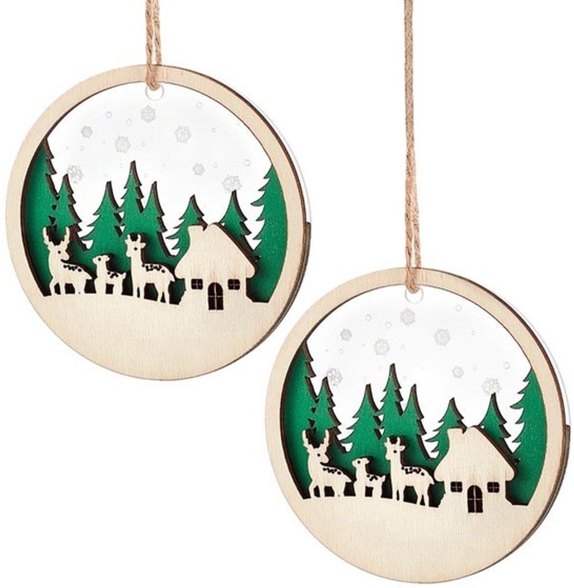 2 Stuks Houten Kerstboomhangers met Rustiek Rendierhuis Ornament