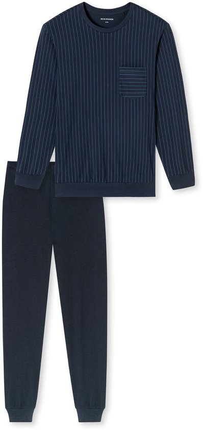 Ensemble de pyjama bleu foncé avec un haut à rayures verticales et un pantalon bleu foncé uni.
