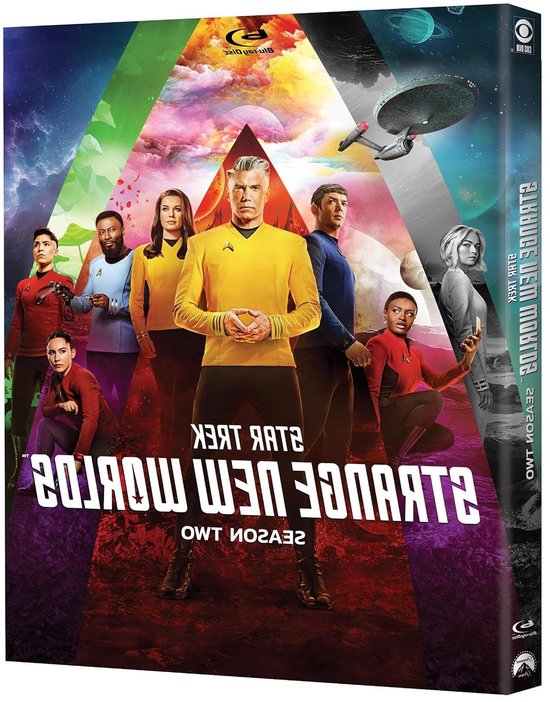 Blu-ray disc hoes van Star Trek: Strange New Worlds - Seizoen Twee, met de cast in kleurrijke uniformen voor een regenboogachtergrond. De achterkant van de hoes is ook zichtbaar.