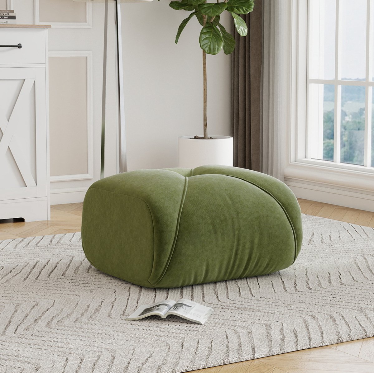 Poef Ovaal 78 x 76 x 45 cm Chenille Groen Gestoffeerd Voor Binnen Zitten en Voetensteun