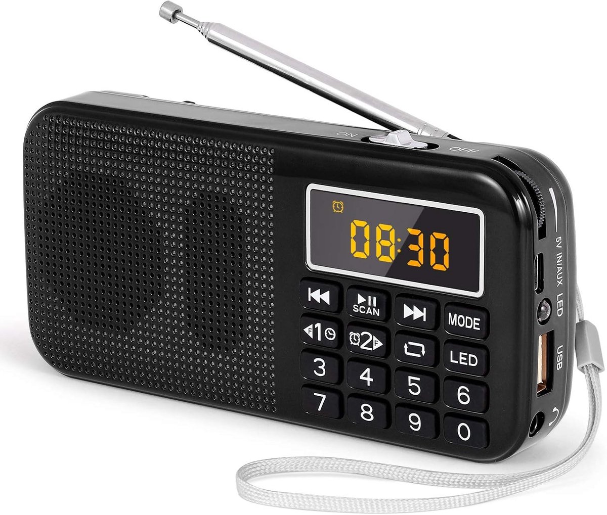 Noodradio solar en opwindbaar - Draagbare radio - Zwart - 135 x 66 x 28 mm - Oplaadbare FM-radio met LED-zaklamp en wekker