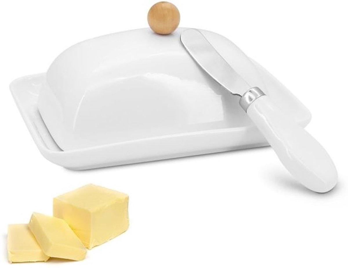 Botervloot met deksel en mes, boterblik van keramiek met handvat, boterschaal, porselein, boterschillen voor alle gangbare boter (250 g)