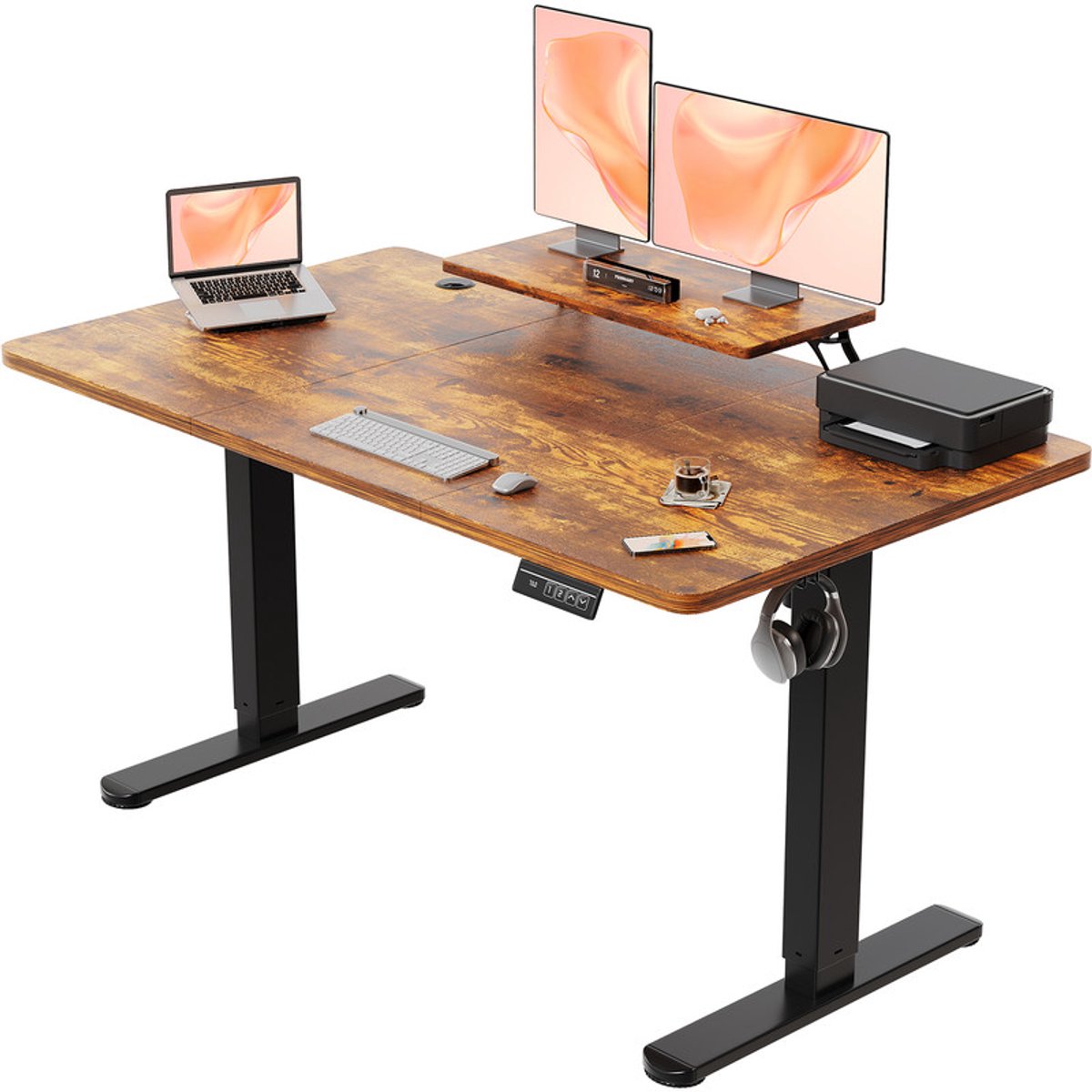 Devoko Elektrisch Zit-Sta Bureau met Monitorstandaard – 160 × 70 cm (B × D) – Stille Motor, Anti-collisionfunctie, 2 Geheugenstanden en LED-display – Draagvermogen 75 kg – Bruin