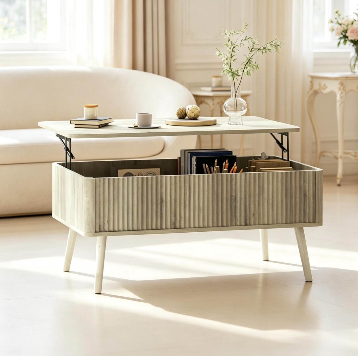 DESMIU Salontafel - Hoogteverstelbaar Met Verborgen Opbergruimte - Modern Voor Woonkamer En Eetmomenten - MDF En Hout - 91X56X57,5 Cm - Eiken