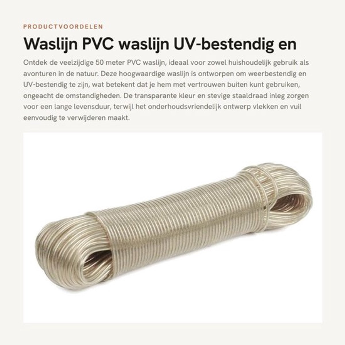 Waslijn 50 Meter - UV-bestendig - Stabiele Staaldraad - Onderhoudsvriendelijk - Reiswaslijn - Transparant PVC - Wasdraad