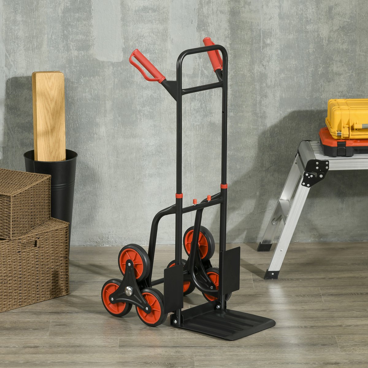 COVREO Trapsteekwagen 44x61x106,5 cm zwart rood metaal, in hoogte verstelbaar
