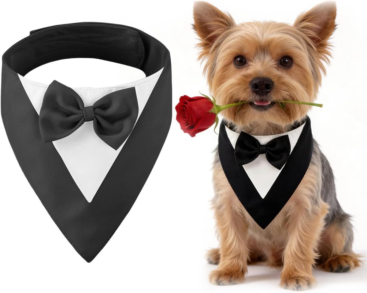 Formele Hondenoutfit met Strik en Bandana - Verstelbare Tuxedo voor Kleine Honden, Zacht Polyester Trouwerij Kostuum voor Yorkshire Terrier en Pomeranian - Zwart, Geschikt voor Honden met een Halsomtrek van 20-30 cm