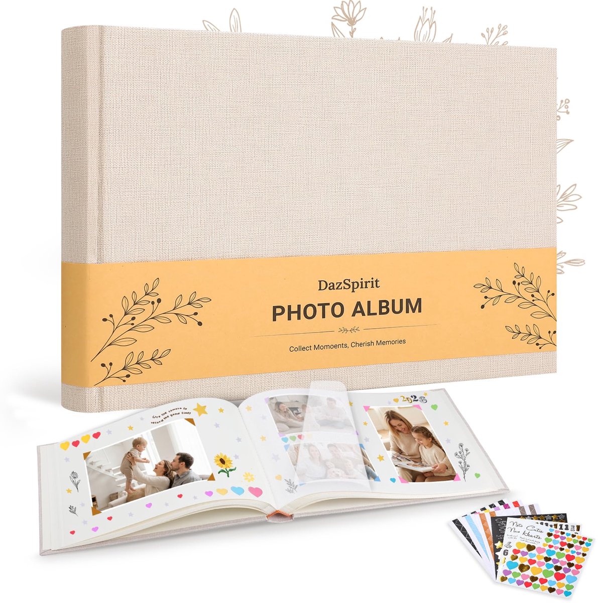 DazSpirit Fotoalbum om Zelf te Ontwerpen, Linnen Plakalbum met 60 Witte Pagina’s en 6 Stickervellen, Scrapbook - ShopVlot