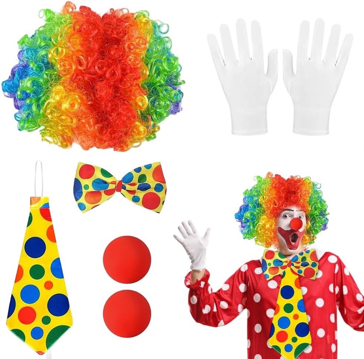 Complete Clown Kostuum Set met 5 Accessoires - Regenboog Krulhaar, Neus en Handschoenen voor Feestjes en Carnaval