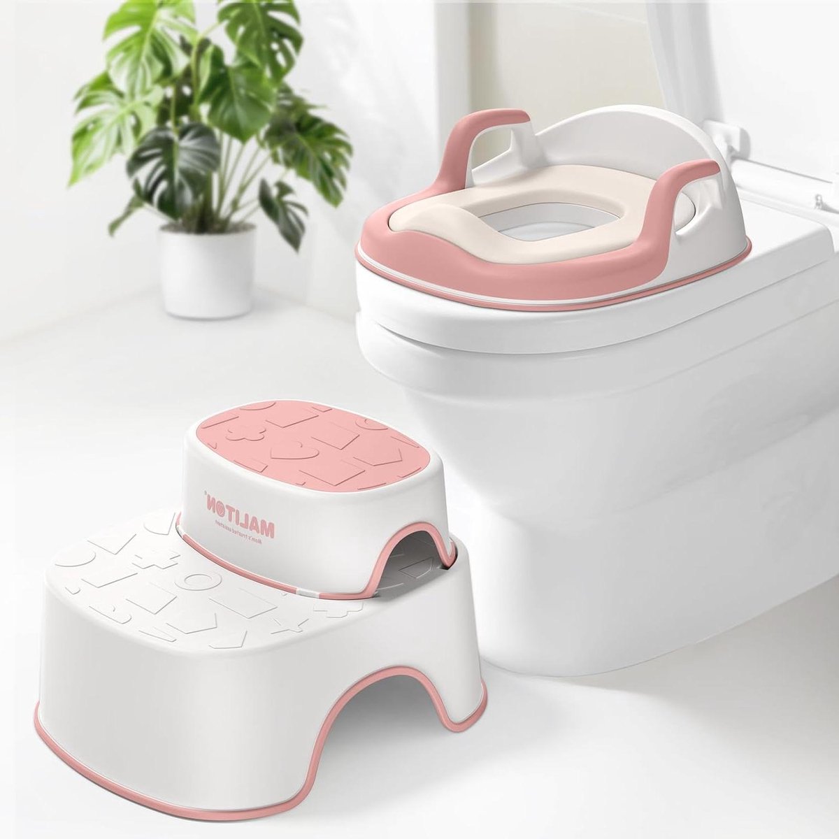 Kinder Toiletbril - Zindelijkheidstrainer - Onafhankelijk Leren - Met Opstapje - 33 x 36 cm - Roze