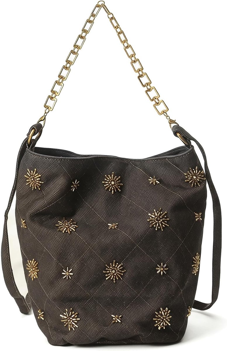 Stijlvolle Canvas Bucket Bag voor Dames met Parels, Gequilte Schoudertas en Gouden Ketting, Casual Mode Handtas voor Elke Gelegenheid