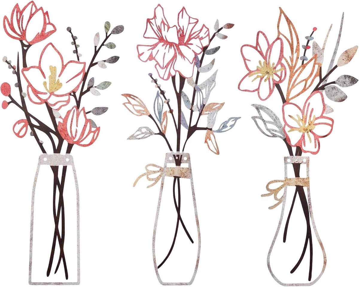 3-delige metalen bloemen wanddecoratie voor rustieke boerderijstijl, wandkunst voor woonkamer en slaapkamer, creatieve wandsculpturen met vazen en bloemen