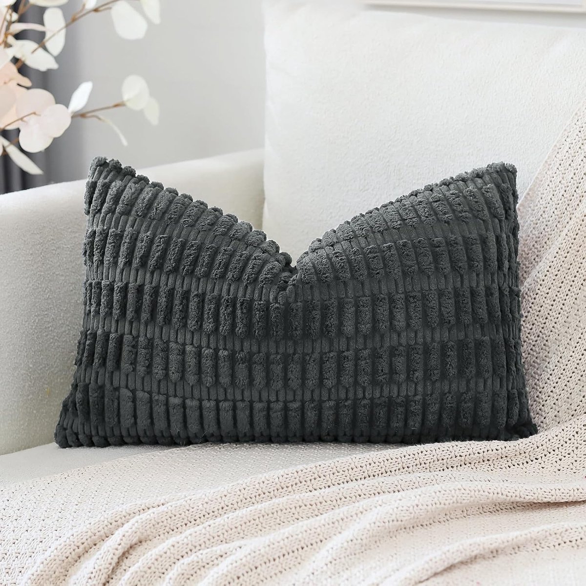 Kussenhoes 30 x 50 cm - Corduroy - Donkergrijs gestreept - Perfect voor bank of slaapkamer - ShopVlot
